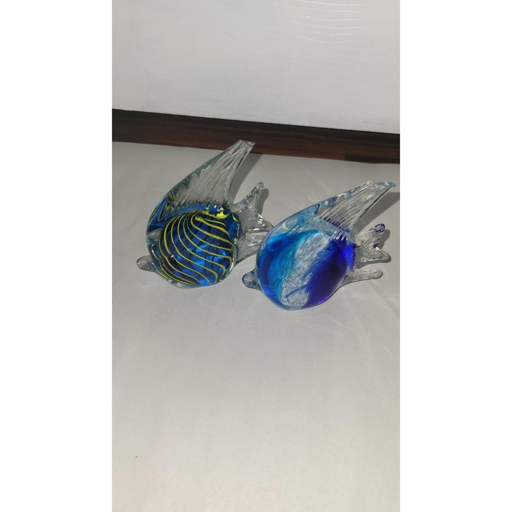 Art Glass Hand Blown Murano Style Paperweight Vibrant Blue Angel Fish Figurine